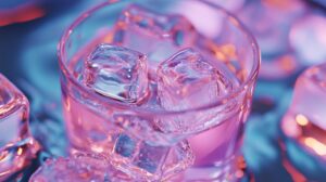 A close-up shot of a glass filled with ice cubes, illuminated by pink and blue lighting
