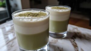 Two glasses of layered matcha latte with frothy milk and matcha powder on top, served on a marble table