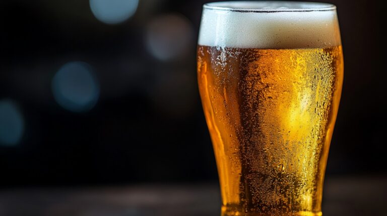 A close-up of a cold pint of golden beer with condensation on the glass, against a dark, blurred background