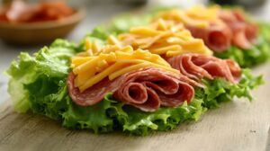 Close-up of lettuce wraps topped with slices of deli meat and shredded cheese on a wooden surface