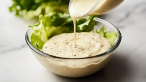 Pouring creamy dressing into a bowl of fresh lettuce, topped with black pepper