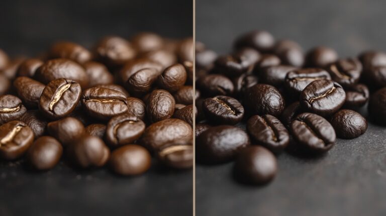 Side-by-side comparison of espresso beans and coffee beans showcasing their distinct roast levels and textures