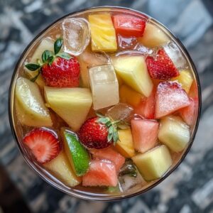 Top view of a glass filled with colorful fruit pieces, including strawberries, pineapple, melon, and ice cubes in a chilled beverage