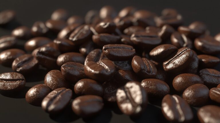Close-up of shiny, dark roasted coffee beans with a rich texture