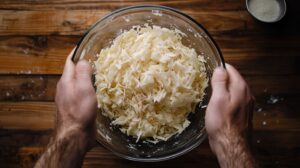 Hands holding a glass bowl filled with freshly shredded lettuce over a wooden table