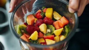 Close-up of a glass bowl filled with colorful fruits like strawberries, watermelon, pineapple, mango, and kiwi