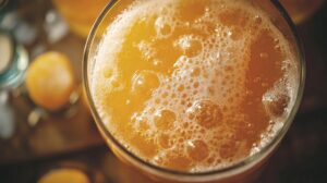 Close-up of a bubbly, golden beverage in a glass, showing frothy bubbles on the surface