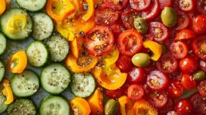 Close-up of sliced cucumbers, cherry tomatoes, yellow bell peppers, and green olives, sprinkled with black pepper and salt