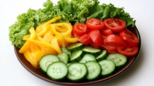 plate filled with sliced lettuce, tomatoes, cucumbers, and yellow bell peppers