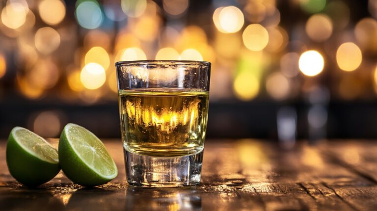 A shot glass of golden tequila with two lime wedges on a rustic table, illuminated by a warm, bokeh-lit background