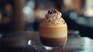 A glass of layered coffee mousse with whipped cream, garnished with coffee beans and cocoa powder, placed on a rustic wooden table