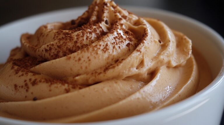 Close-up of smooth coffee mousse topped with a sprinkle of cocoa powder in a white bowl