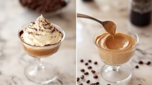 A side-by-side image showing coffee mousse in a glass, one with a smooth texture being spooned and the other topped with whipped cream and dusted with cocoa