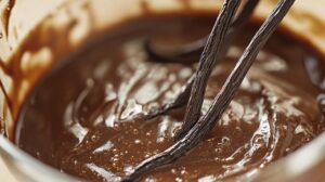 Close-up of a whisk stirring a chocolate mixture with visible vanilla beans, creating a smooth and glossy texture