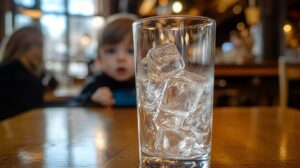 A tall glass filled with ice cubes on a wooden table, with a blurred background showing a child sitting in a cozy café