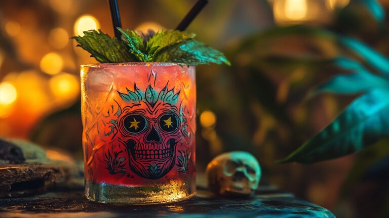 Close-up of a colorful cocktail in a glass with a skull design, garnished with fresh mint leaves, surrounded by a warm and moody ambiance.
