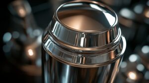 Close-up of a shiny stainless steel cocktail shaker with blurred reflections in the background
