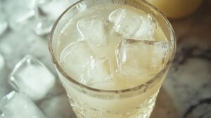 Close-up of a glass filled with fresh ice cubes and a pale cocktail, placed on a marble surface surrounded by scattered ice cubes