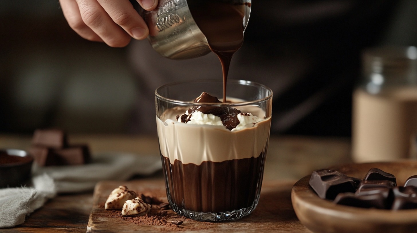 A hand pouring melted chocolate over a glass filled with creamy coffee, whipped cream, and chocolate pieces