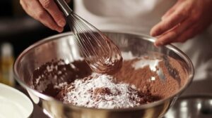 A close-up of hands whisking together cocoa powder and powdered sugar in a stainless steel mixing bowl