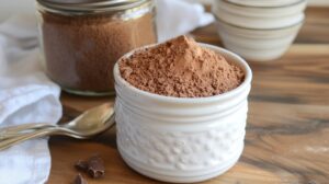 A small white ceramic bowl filled with cocoa powder, with a jar of cocoa mix, spoons, and chocolate pieces in the background
