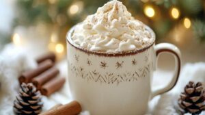 A festive mug filled with hot cocoa, topped with whipped cream and sprinkled with cinnamon, surrounded by cinnamon sticks, pinecones, and warm holiday lights