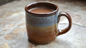A rustic ceramic mug filled with rich hot cocoa, placed on a textured stone surface