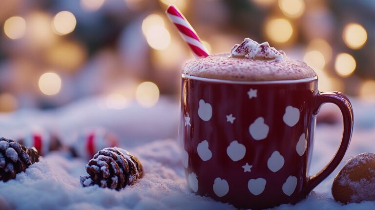 A festive red mug with white patterns filled with hot cocoa, topped with whipped cream and a candy cane, set in a snowy winter scene with blurred holiday lights in the background