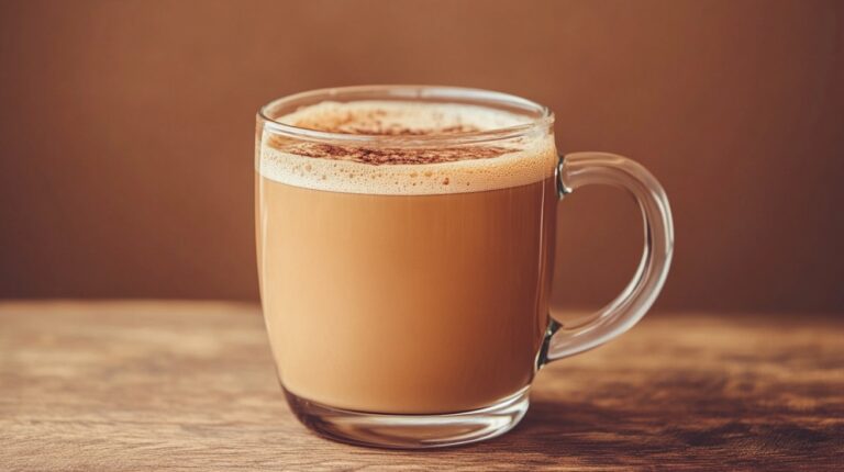 A clear glass mug filled with frothy coffee topped with cinnamon, sitting on a rustic wooden surface with a warm brown background
