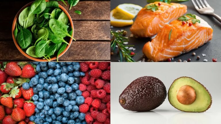 A Selection of Superfoods Including Spinach, Berries, Salmon, and Avocado