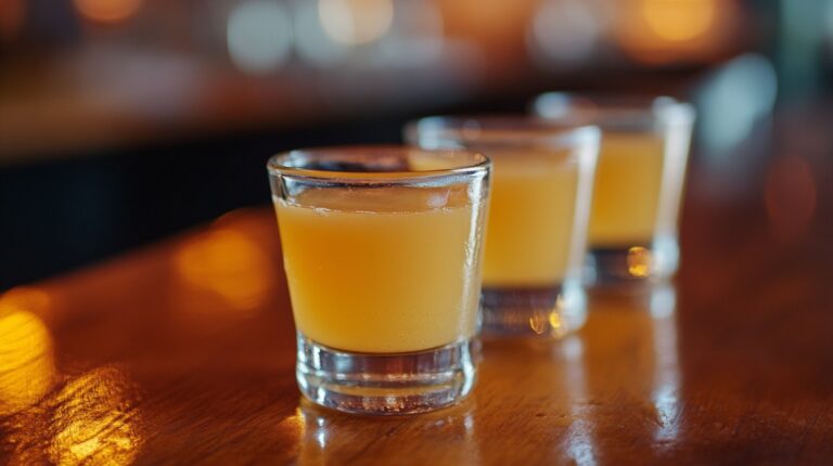 Three shot glasses filled with a bright yellow liquid, lined up on a wooden surface