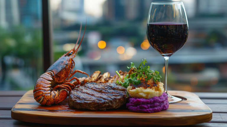 Steak, Lobster, and Mashed Potatoes with Red Wine, Perfect for Pairing Wine with Food