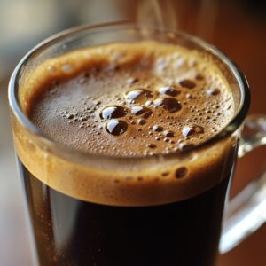 Close-up of a steaming glass mug filled with black coffee, showcasing a thick layer of foam and bubbles on top