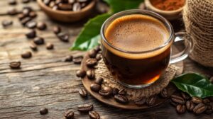 A cup of freshly brewed espresso on a rustic wooden table with coffee beans