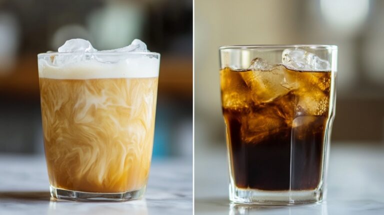 Side-by-side image of a cold brew coffee and an iced coffee with milk, both in clear glasses on a table