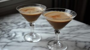 Two espresso martinis served in classic cocktail glasses on a marble surface