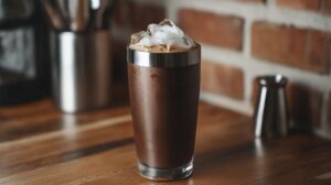 Shaker glass filled with espresso martini and ice on a wooden bar counter