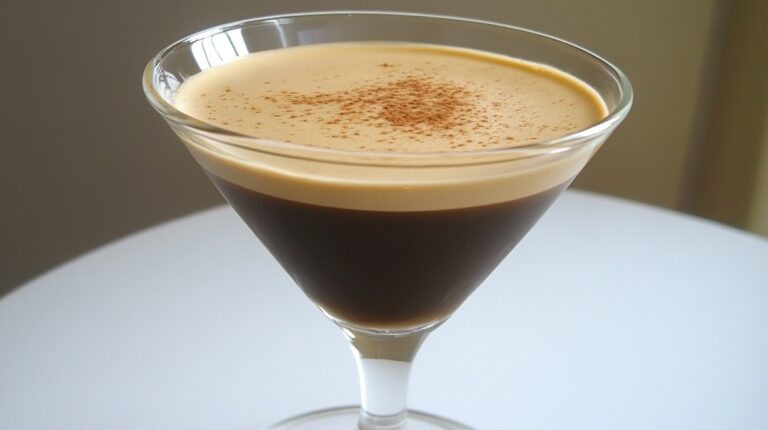 A single espresso martini in a glass with a creamy froth and dusting of cocoa