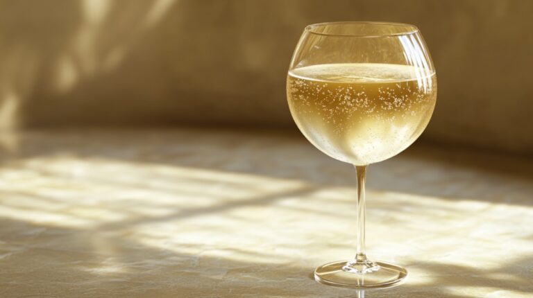 A sparkling glass of sweet white wine catching warm sunlight on a textured surface