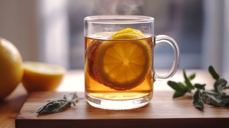 A glass mug of tea cocktail with lemon slices, sitting on a wooden board with fresh herbs and a halved lemon nearby