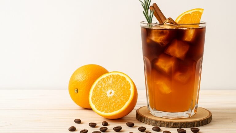 A glass of iced coffee mixed with orange juice, garnished with a cinnamon stick, rosemary, and orange slices, with coffee beans and fresh oranges nearby
