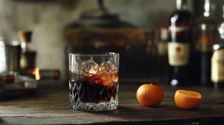 A dark cocktail with ice in a crystal glass, next to a halved orange on a rustic wooden surface