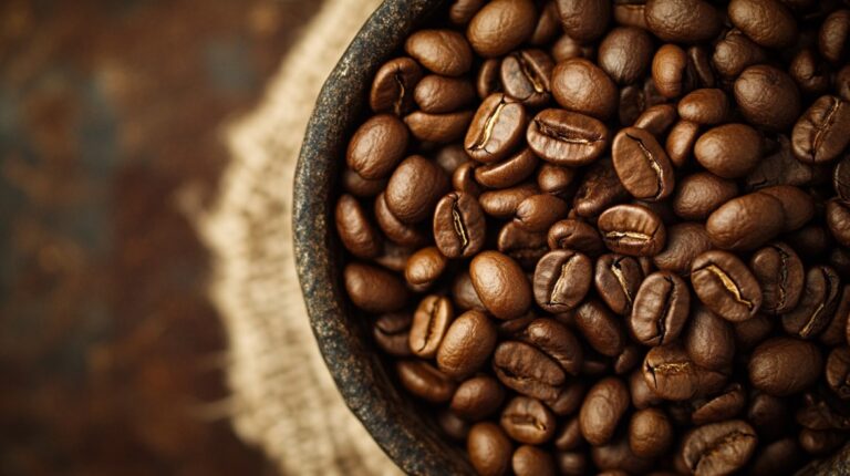 Close-up of medium-roast coffee beans in a rustic bowl on burlap