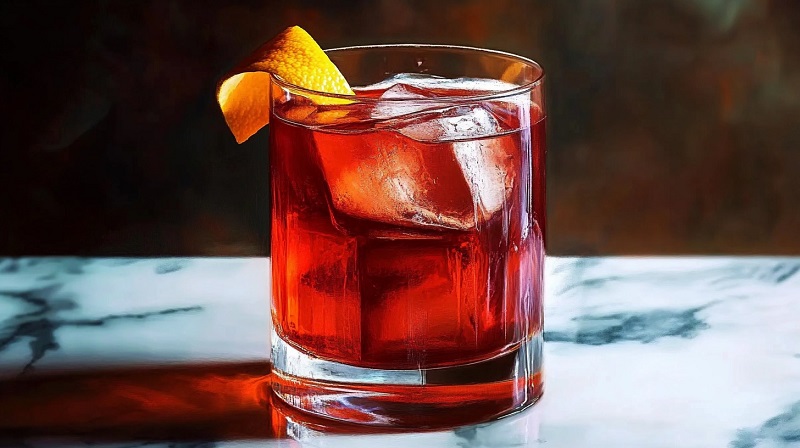 A glass of classic Negroni with large ice cubes and an orange peel garnish