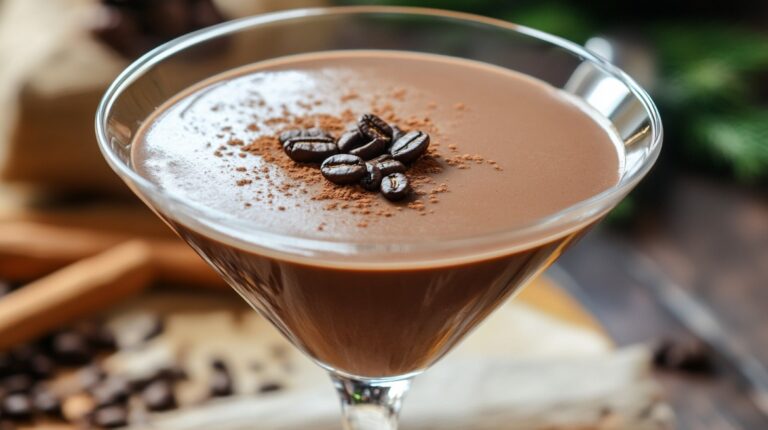 A creamy espresso martini in a cocktail glass, topped with whole coffee beans and dusted with cocoa powder