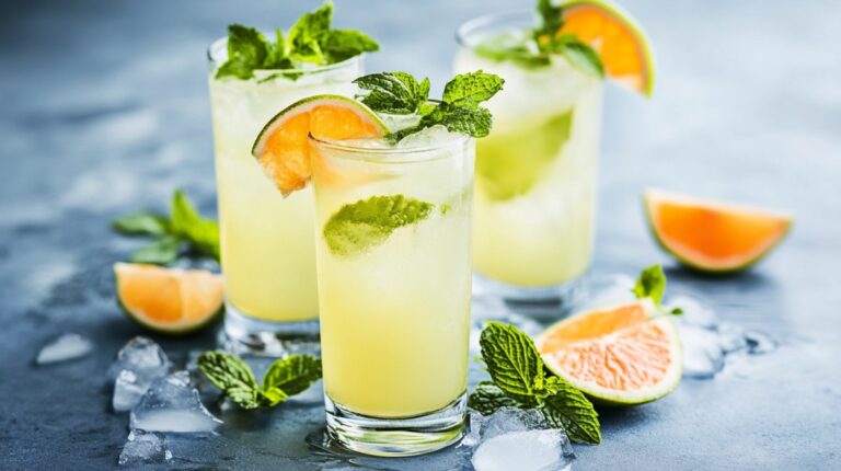 Three bright citrus cocktails garnished with mint leaves and orange-lime wedges, served over ice with scattered citrus slices