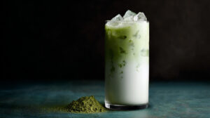 A tall glass of iced matcha latte with green matcha on top of white milk, next to a small pile of matcha powder on a dark surface