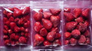 Three clear ziplock bags filled with frozen strawberries, arranged side by side