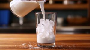 Milk being poured from a jug into a glass filled with ice cubes, placed on a wooden counter in a kitchen setting