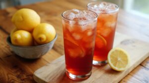 Two tall glasses of iced red tea with lemon slices on a wooden surface next to a bowl of fresh lemons